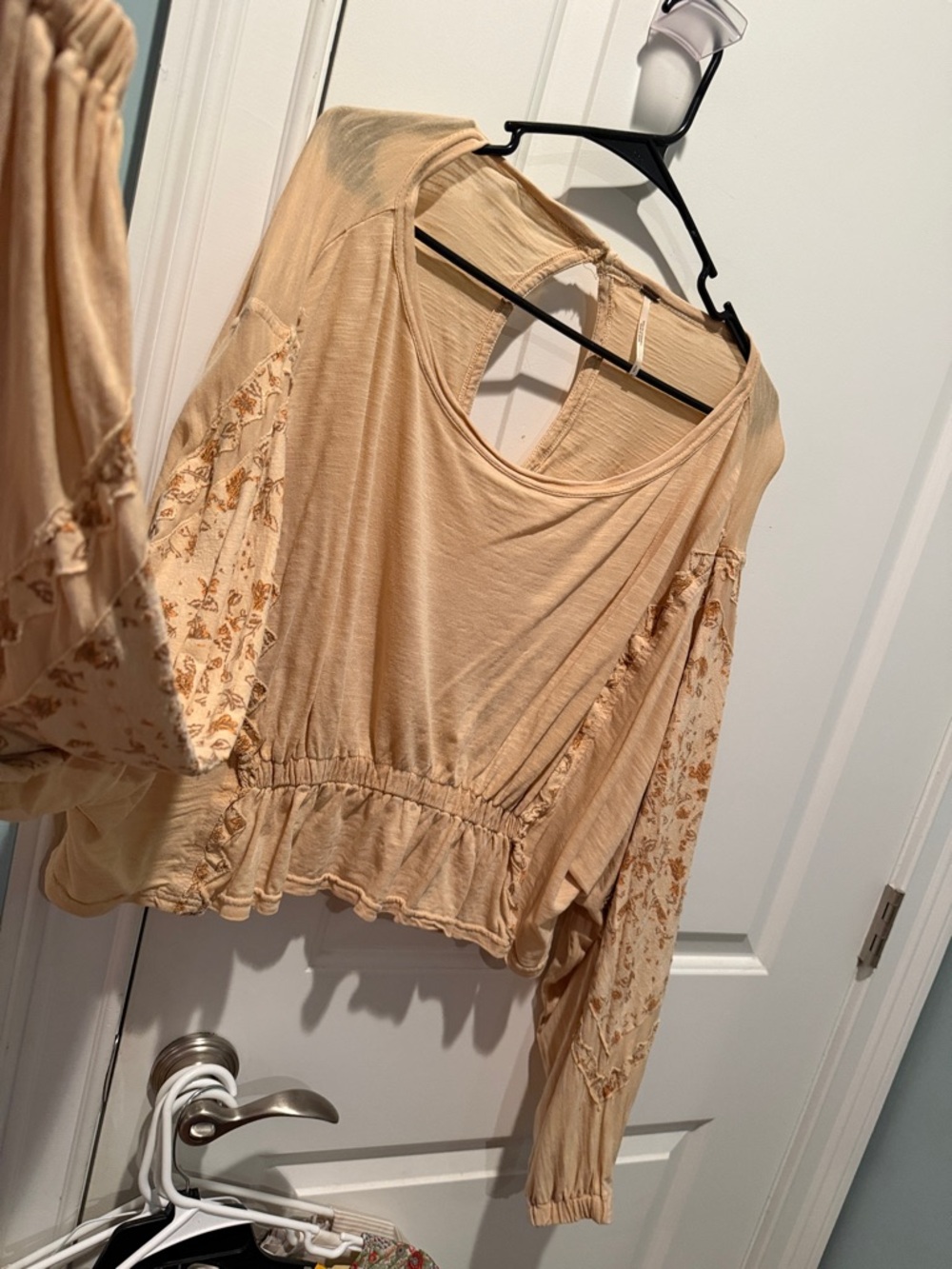 Free People Beige Floral-Sleeve Peasant Blouse